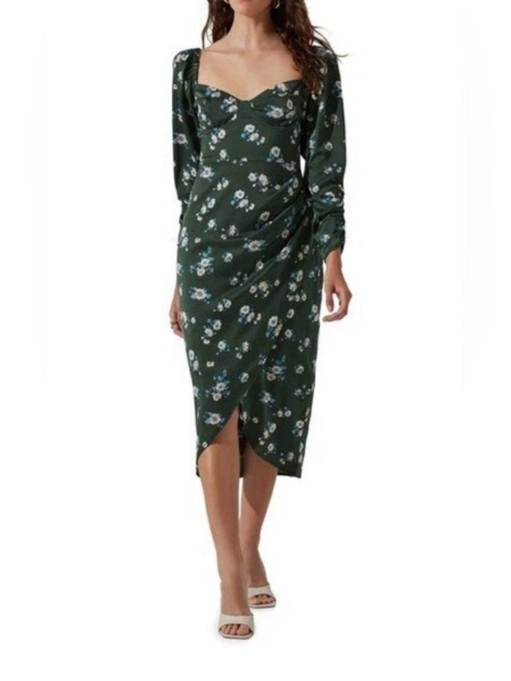 Astr The Label Green Multi Floral Long Sleeve Satin Dress Size Small